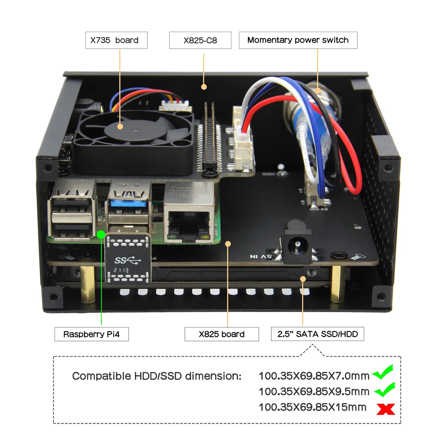 Custom Raspberry Pi 2.5 inch SATA HDD/SSD X825 V2.0 Board + X735 Board with Matching Metal Case for Raspberry Pi 4 Model B Manufacturer