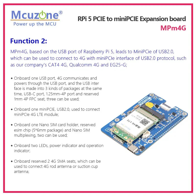 MPmTPU&4G Raspberry Pi 5 PCIE To MiniPCIE Expansion Board Custom
