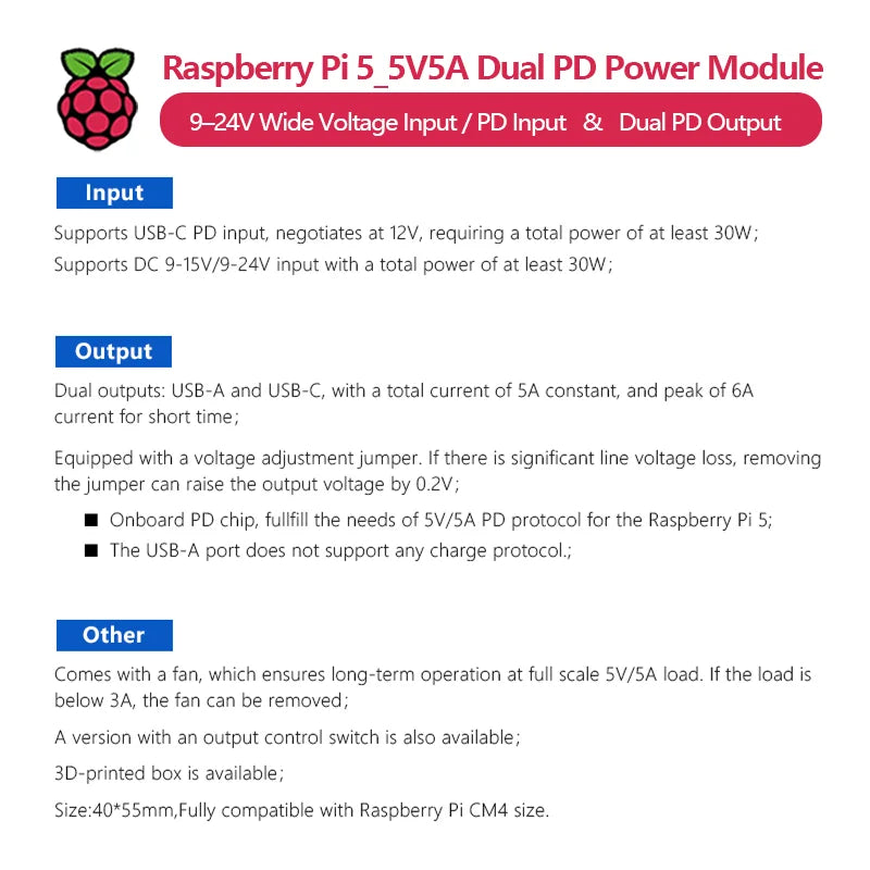 Dedicated 5V5A Dual PD Power Module for Raspberry Pi 5 924V Wide Voltage Input / PD Input and Dual PD Output
