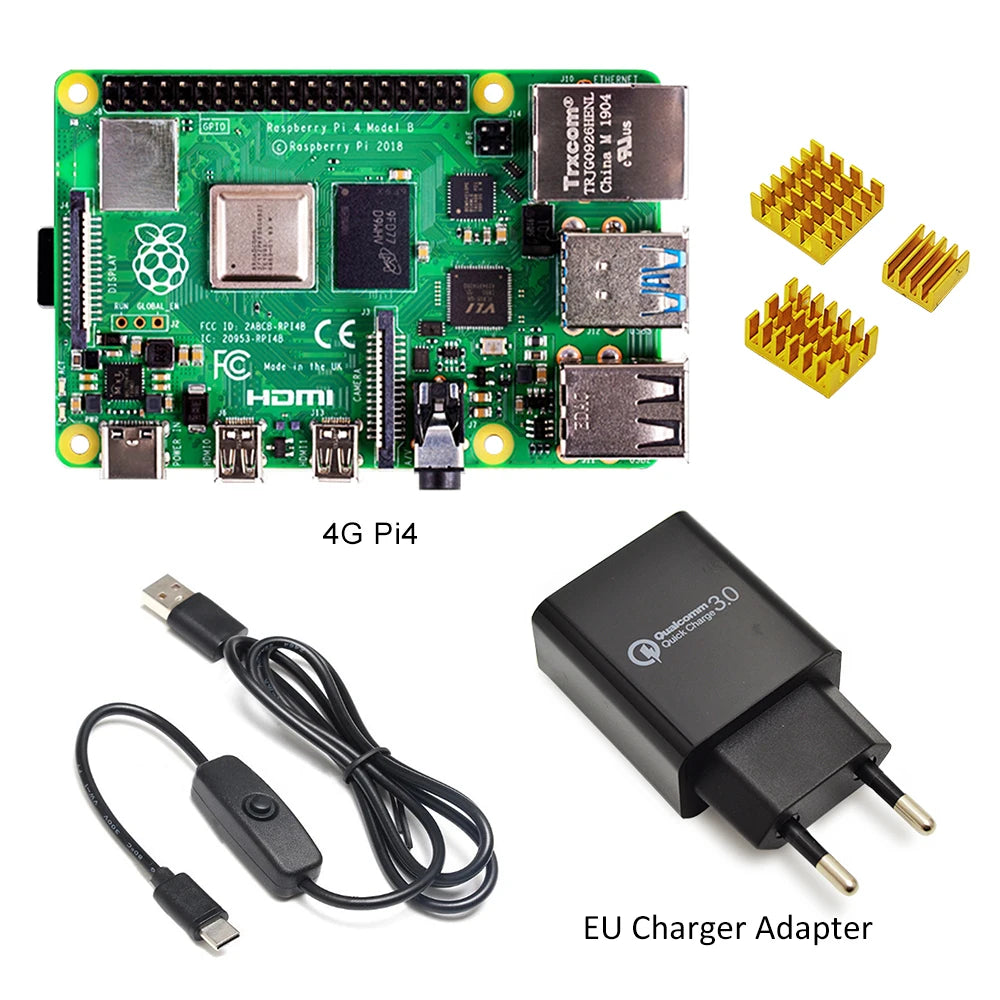 Custom Raspberry Pi 4 Model B kit Basic Starter Kit in stock with power switch line type-c interface EU/US Charger Adapter and heatsink Manufacturer