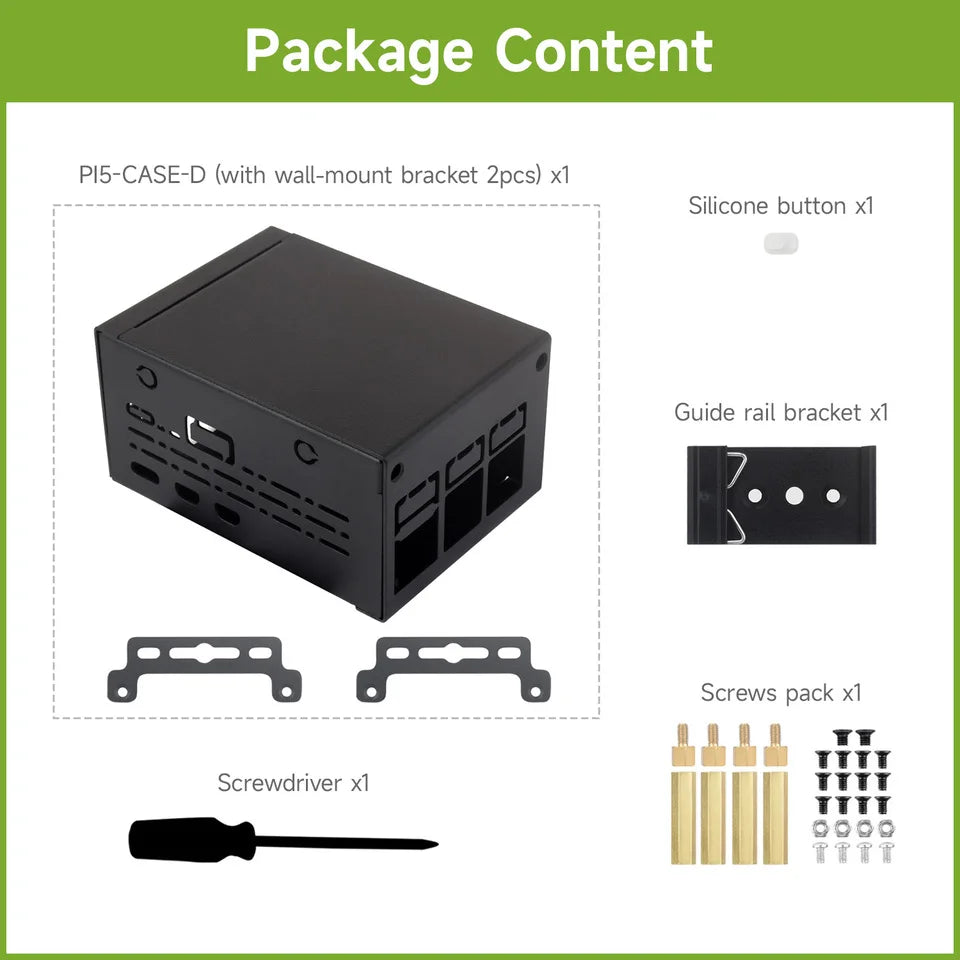 Waveshare Industrial Grade Metal Case (D) for Raspberry Pi 5 Larger Internal Space Supports Official Cooling Fan Wall/Rail Mount