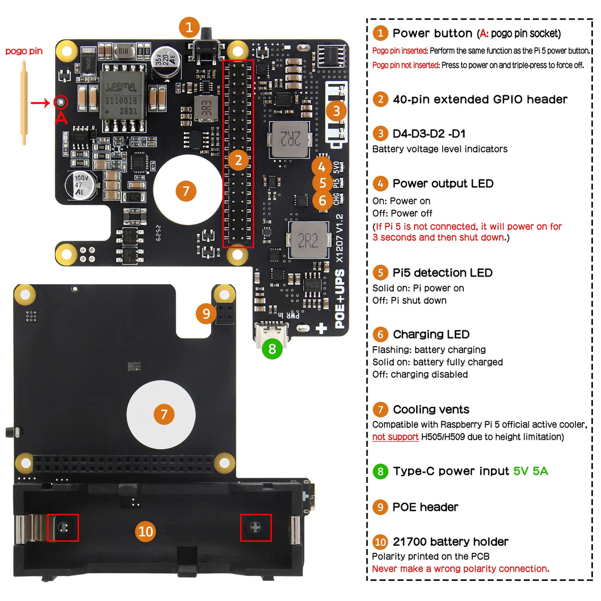 X1207 V1.2 POE+UPS Hat Power Management Board Compatible with 1 Cell 21700 Batteries for Raspberry Pi 5