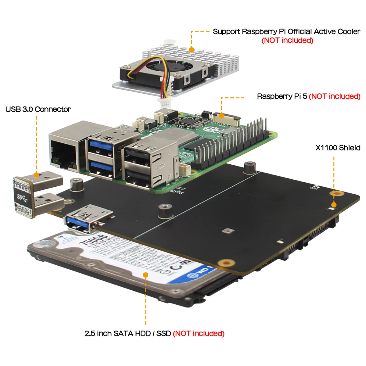 Custom  X1100 2.5" SATA HDD / SSD Shield for Raspberry Pi 5