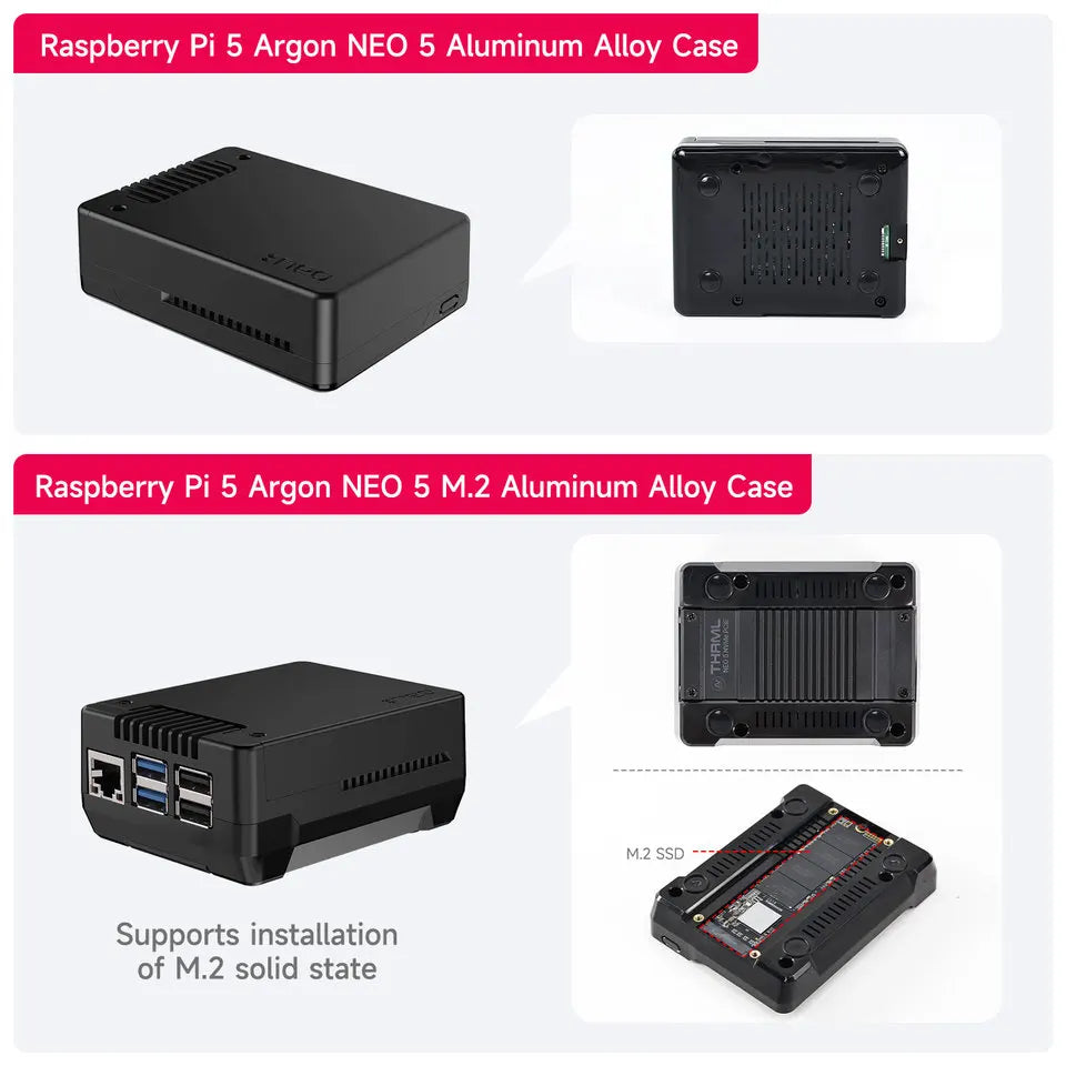 Raspberry Pi 5 Aluminum Alloy Case with Built-in 30mm PWM Cooling Fan Exhaust Vent M.2 Support
