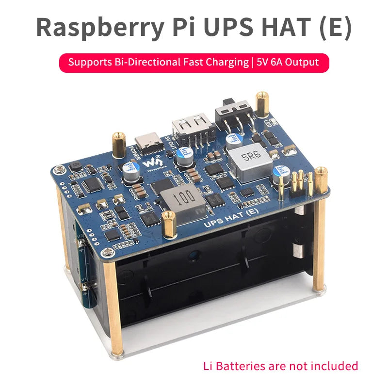 Raspberry Pi 5 UPS HAT (E) 5V 6A Bi-directional Fast Charging Uninterruptible Power Supply Supports 4x21700 Li Batteries (Not
