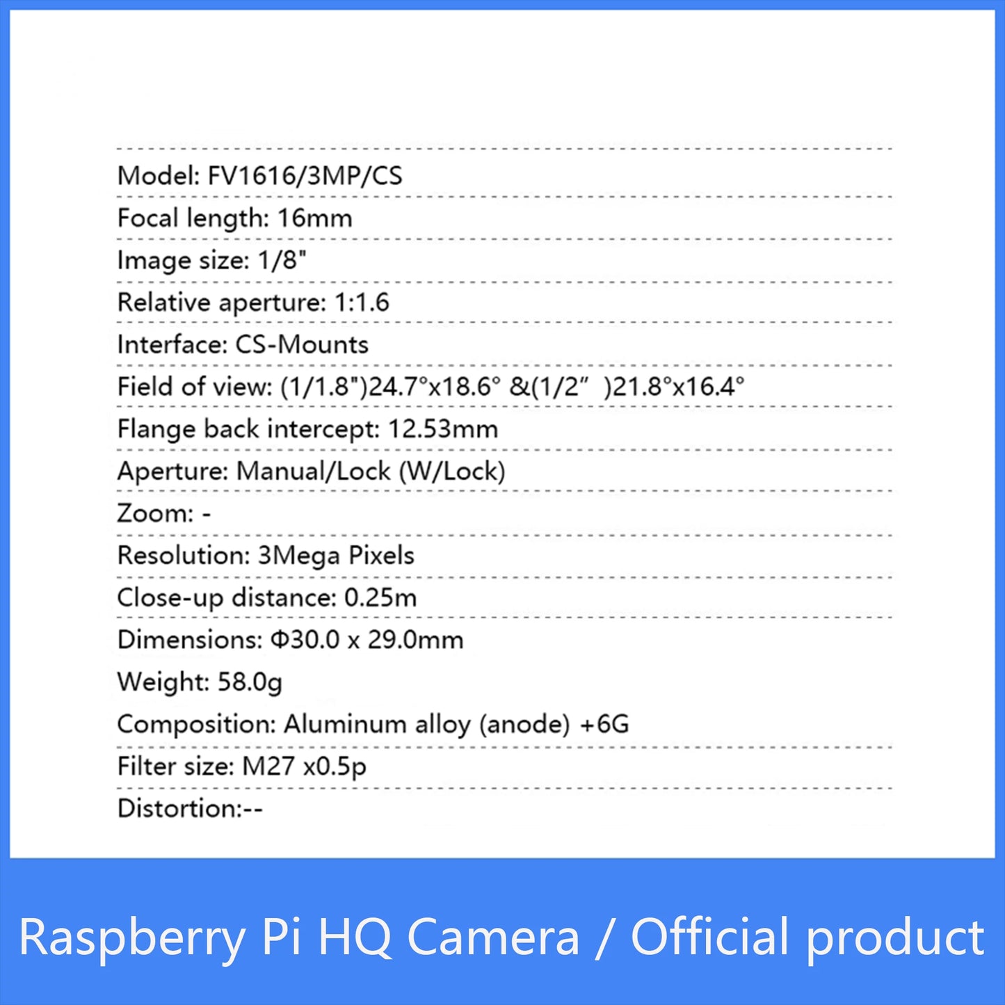 Custom Raspberry Pi HQ Camera Official product FV1616/3MP 16mm lens Sony IMX477 with adjustable back focus and support CS-mount lenses Manufacturer