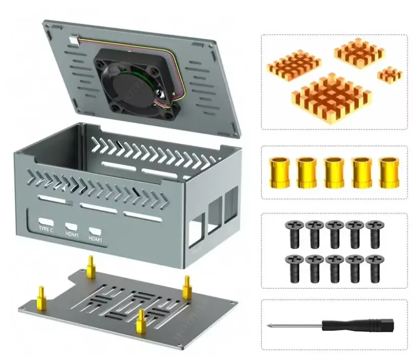 Custom Raspberry Pi 5 Aluminum Alloy Case with Cooler PWM Fan Pure Copper Heatsink Big Space Extra PCIe Expansion Board
