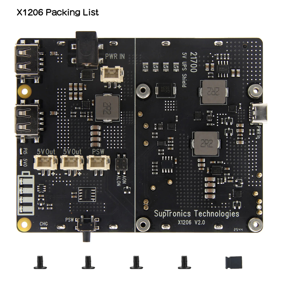 X1206 V2.0 Power Management Board 21700 5V UPS HAT Compatible with 4 Cell 21700 Batteries for Raspberry Pi 5