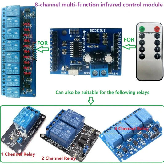 Custom OEM DC 5V 12V Multi-function VS1838 IR infrared control Switch Module for 8 Channel Delay Self-locking Inter-locking Relay Diy B Manufacturer