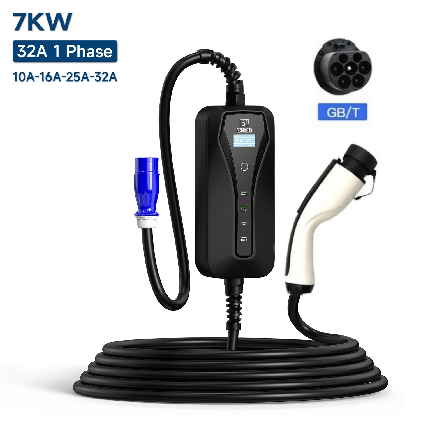 Custom 3.5W 16A Portable EV Charger GBT 5M Cable Length 7KW 32A 1 Phase Manufacturer
