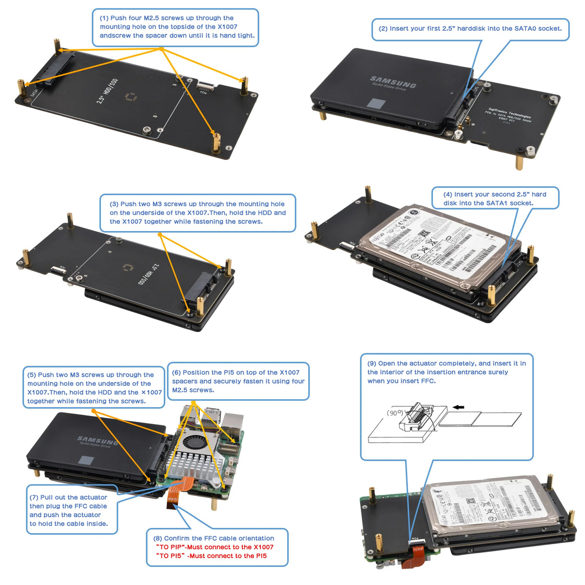 Custom  X1007 PCIe to Dual 2.5" SATA HDD/SSD Shield for Raspberry Pi 5 (NOT Support Boot from SSD)
