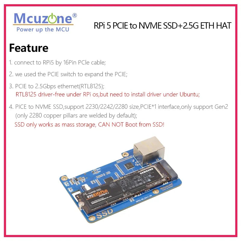 (MPS2.5G)Raspberry Pi 5 PCIE To NVME SSD+2.5G ETH HAT RTL8125,support RPi OS,ubuntu, 2280,2242,2230 Size SSD Custom