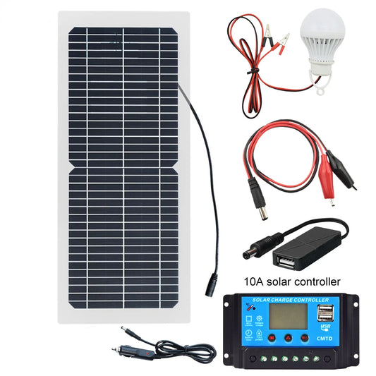 Custom 10W 12V Flexible Solar Panel Battery Charger Kit With PWM Controller + DC to USB Adapter + Cigarette Lighter + 5W LED Light Manufacturer