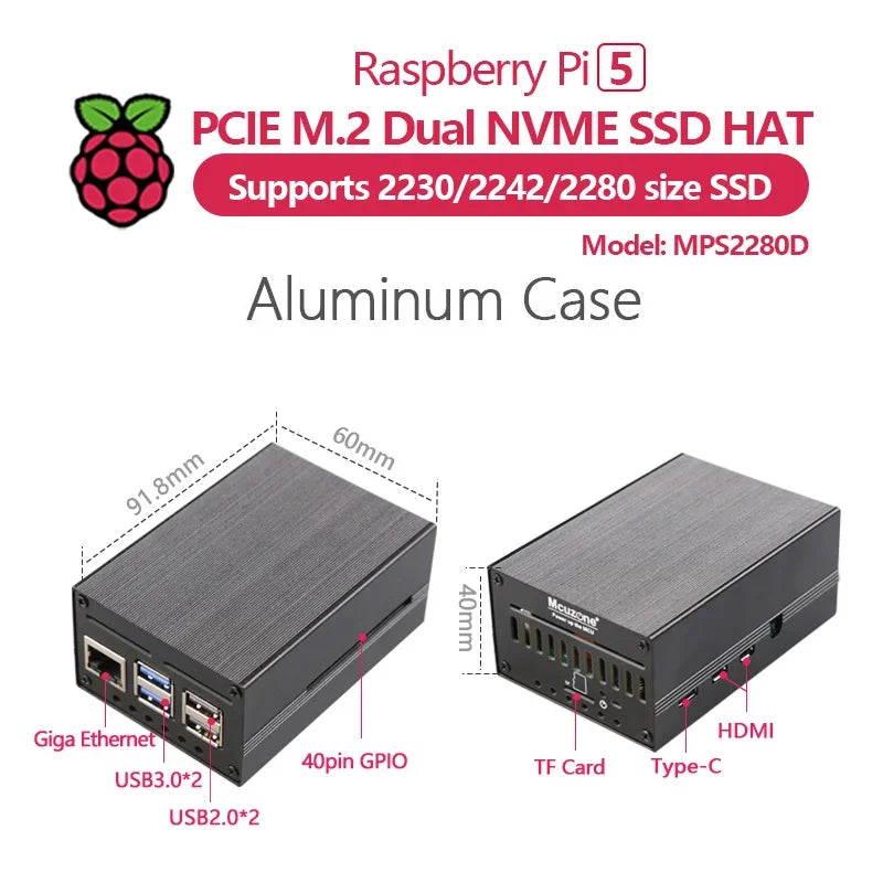 MPS2280D Raspberry Pi 5 PCIE M.2 Dual NVME SSD HAT support 2280/2242/2230 SSD Custom  Custom