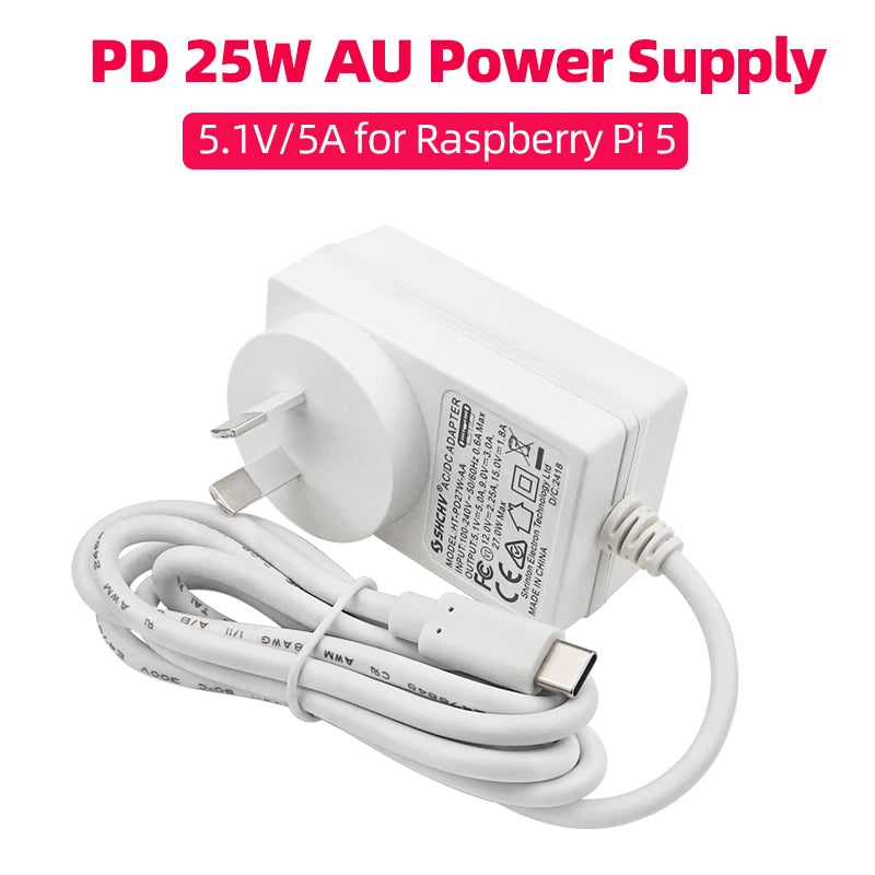 Raspberry Pi 5 USB-C PD 27W 5.1V 5A AU Plug Power Adapter for Australia & New Zealand