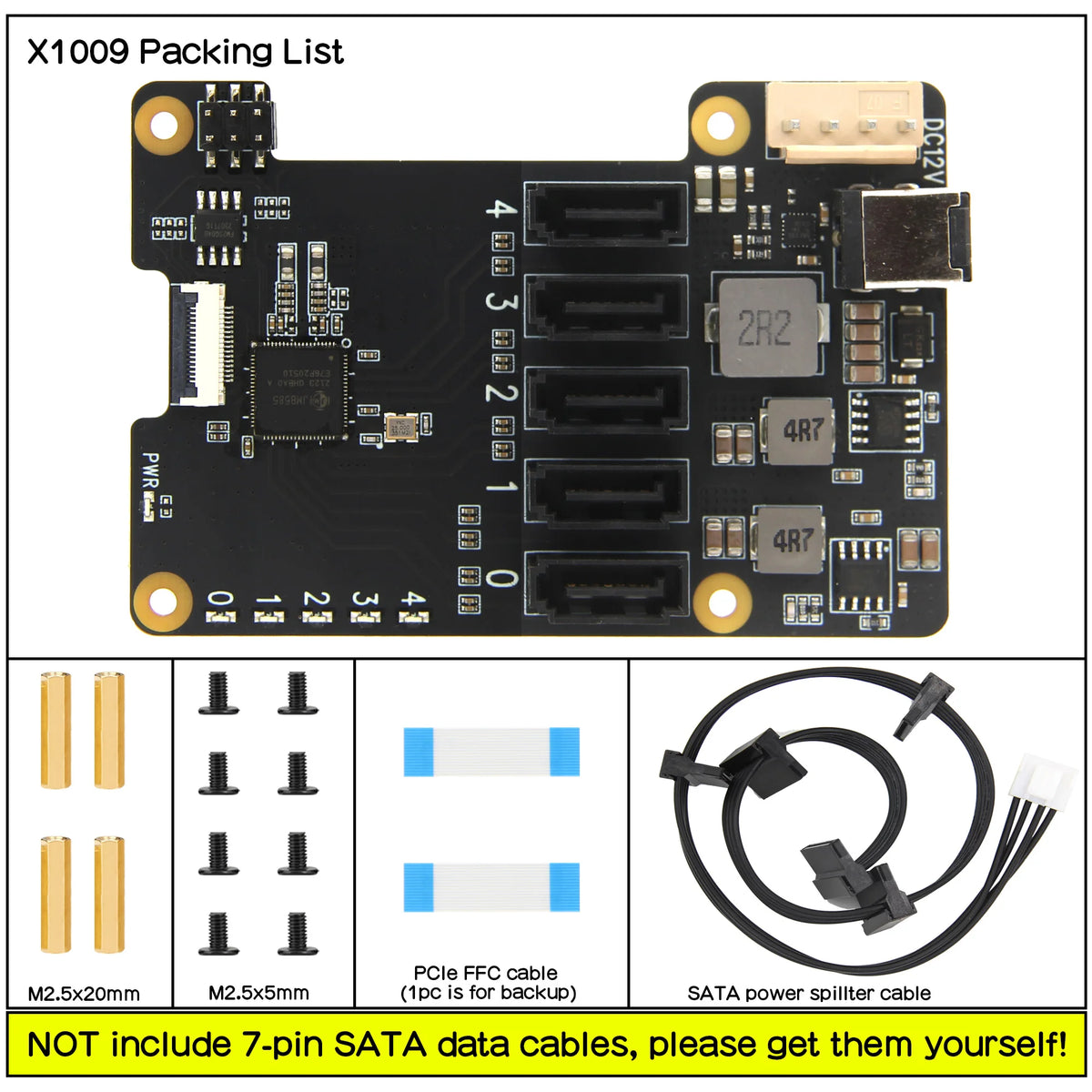 Custom  X1009 PCIe to 5-Port SATA Shield for Raspberry Pi 5 (NOT Support Boot from HDD/SSD)