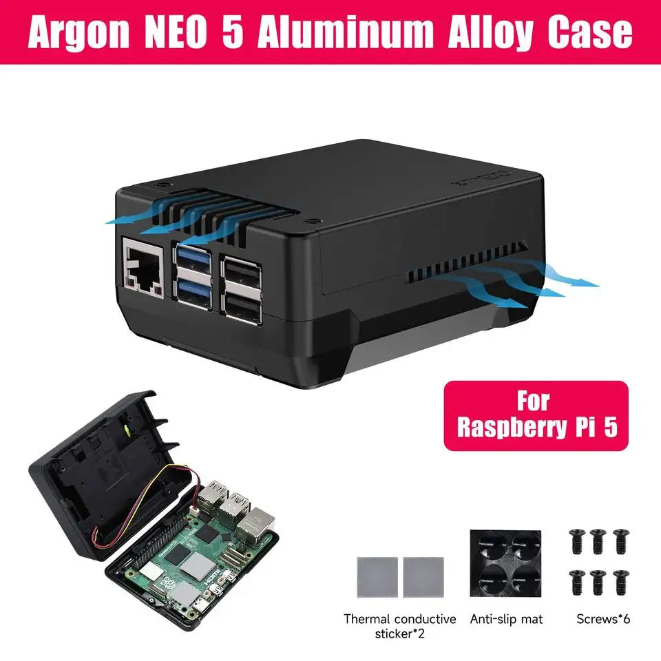 Raspberry Pi 5 Aluminum Alloy Case with Built-in 30mm PWM Cooling Fan Exhaust Vent M.2 Support