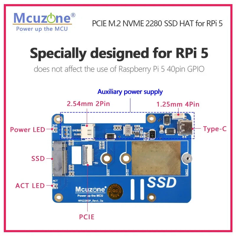 New MPS2280P PCIE M.2 NVME SSD HAT for Raspberry Pi 5, Support 2280 2230 2242 Gen 3 , AUX Power To SSD 3A Custom