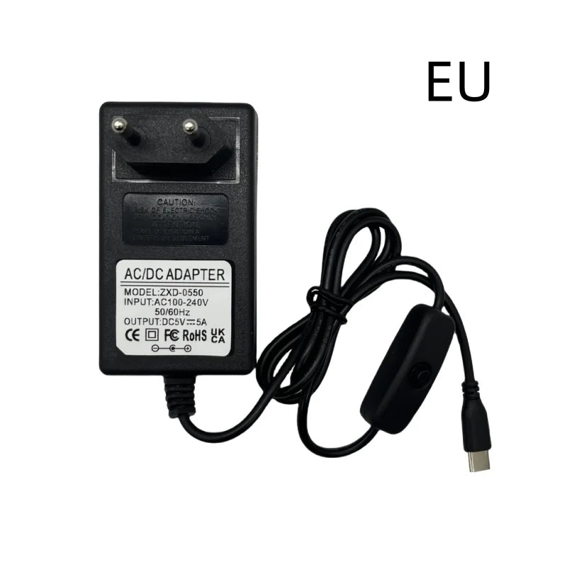 Raspberry Pi 5 5.1V 5A PD 27W USB-C Charger with EU/US/UK Plug for Raspberry Pi 5/4B