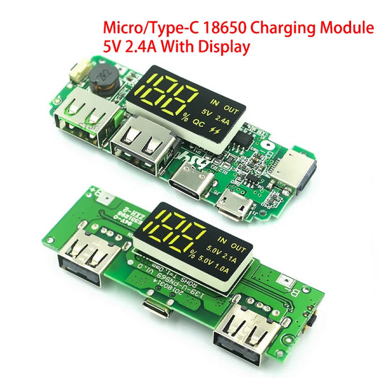 Custom LED Dual USB 5V 2.4A Micro/Type-C USB Mobile Power Bank 18650 Charging Module Lithium Battery Charger Board Circuit Protection