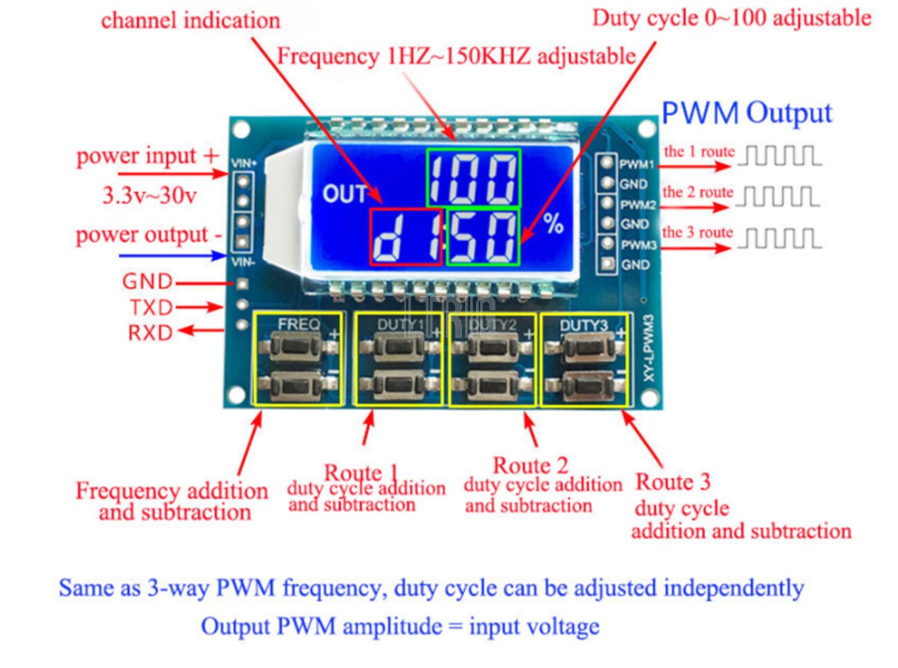 custom 1Pcs Digital LCD Display 3 Way Signal Generator PWM Pulse Frequency Duty Cycle 1HZ ~ 150KHZ Adjustable Square Wave