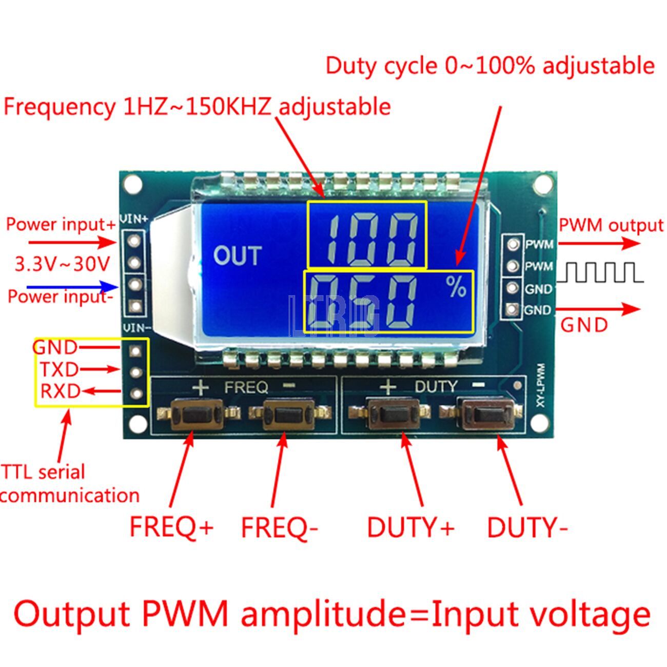 custom 1Pcs PWM Signal Generator Pulse Frequency Duty Cycle Adjustable Module LCD Display 1Hz-150Khz 3.3V-30V