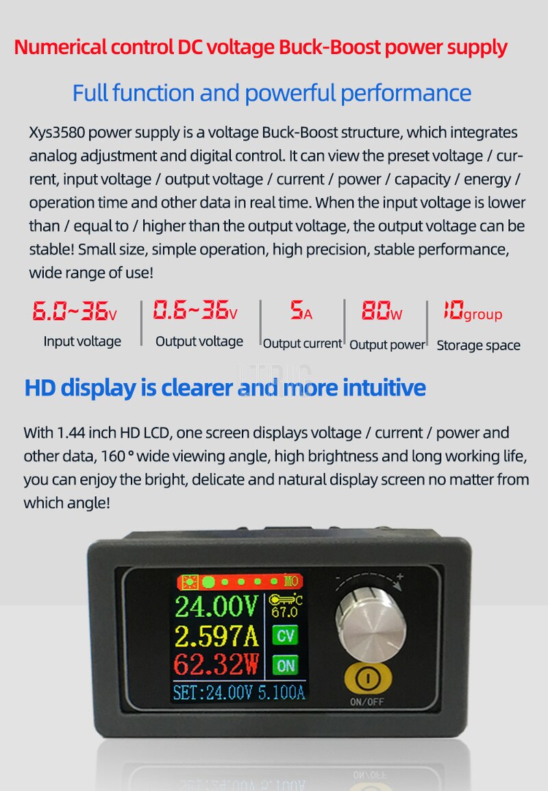 custom 1Pcs XYS3580 DC Buck Boost, 0.6-36V 5A CC CV converter, adjustable power supply module, voltage regulator