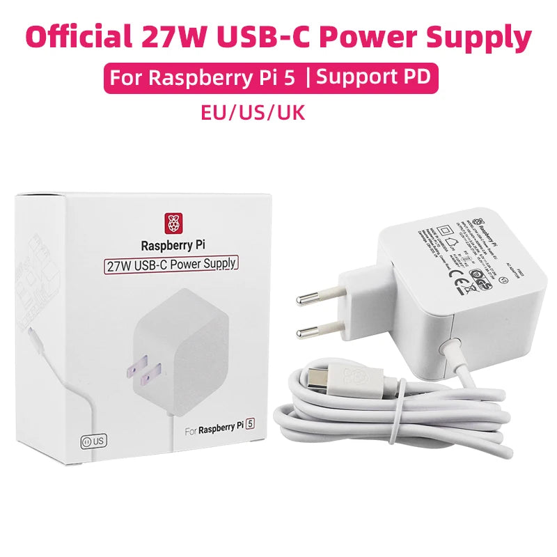 Custom Official     Pi 27W USB-C Power Supply 5.1V 5A Compatible for PD Charging EU US UK Plug for     Pi 5