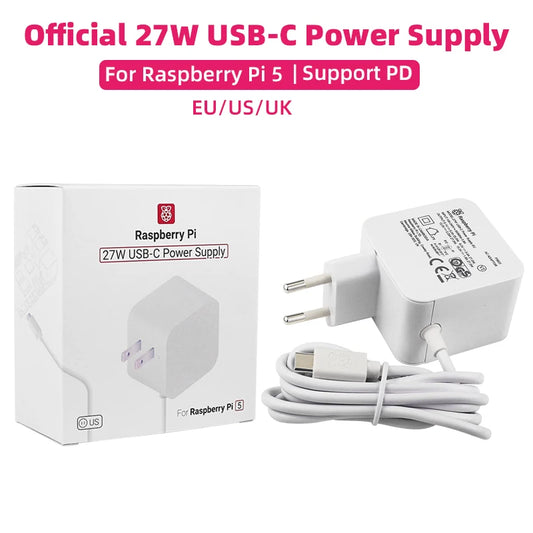Custom Official     Pi 27W USB-C Power Supply 5.1V 5A Compatible for PD Charging EU US UK Plug for     Pi 5
