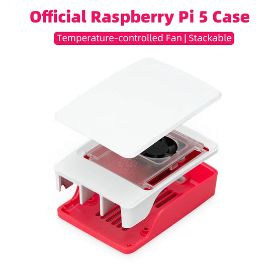 Custom Official     Pi 5 Case Red White ABS Shell with Temperature Controlled Fan Support Cluster Stacking for RPI 5 Pi5