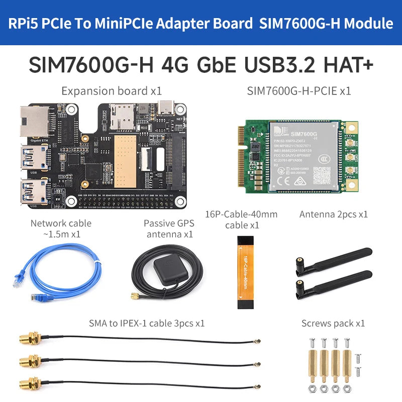 Custom MiniPCIe 4G Gigabit Ethernet RJ45 USB HUB HAT+ Optional SIM7600G-H/EG25-G for Rasberry Pi 5