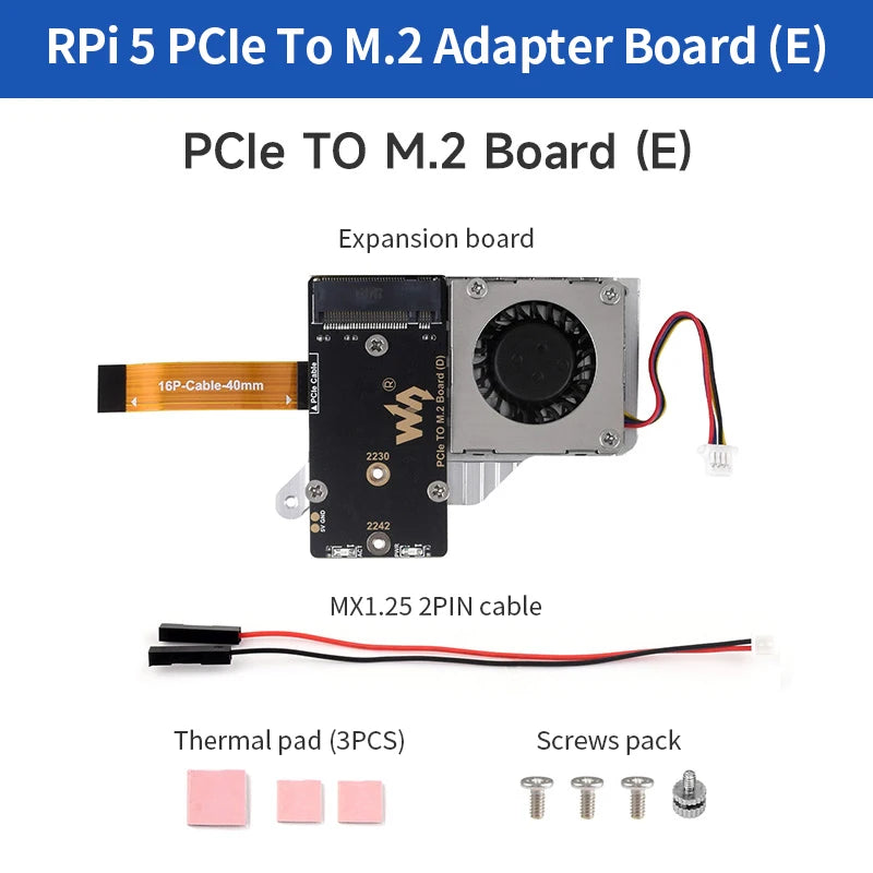 Custom PCIe To M.2 Adapter Board (E) with Cooling Fan for     Pi 5 Compatible With 2242/2230 Size NVMe M.2 SSD High-speed Reading