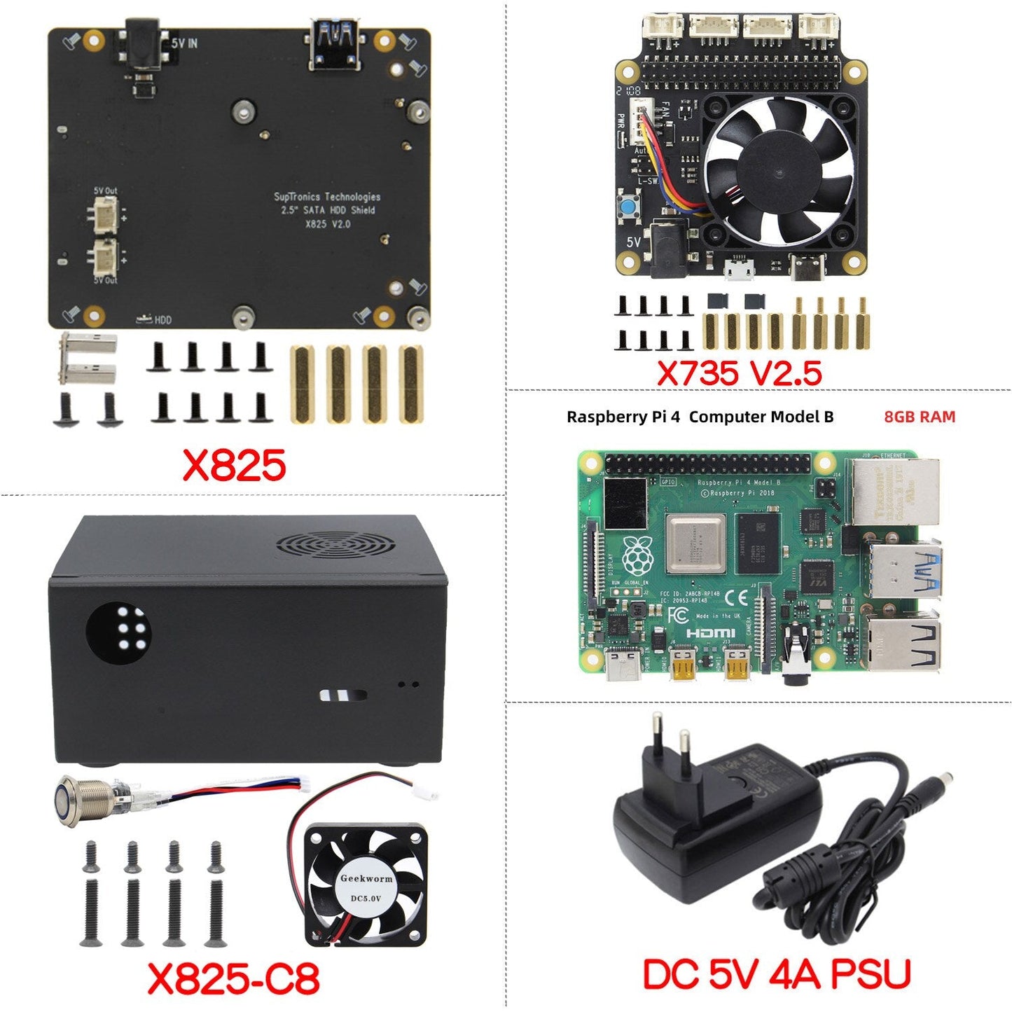 Raspberry Pi 4 (8GB)Board  + X825 2.5 inch SATA HDD/SSD Shield with Case + X735 Power Management Board + Power Supply Kit customize