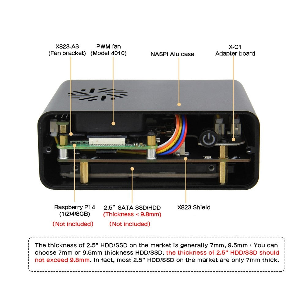 Raspberry Pi 4 Model B NASPi 2.5 inch SATA HDD/SSD Sheild & Metal Case with PWM Fan customize