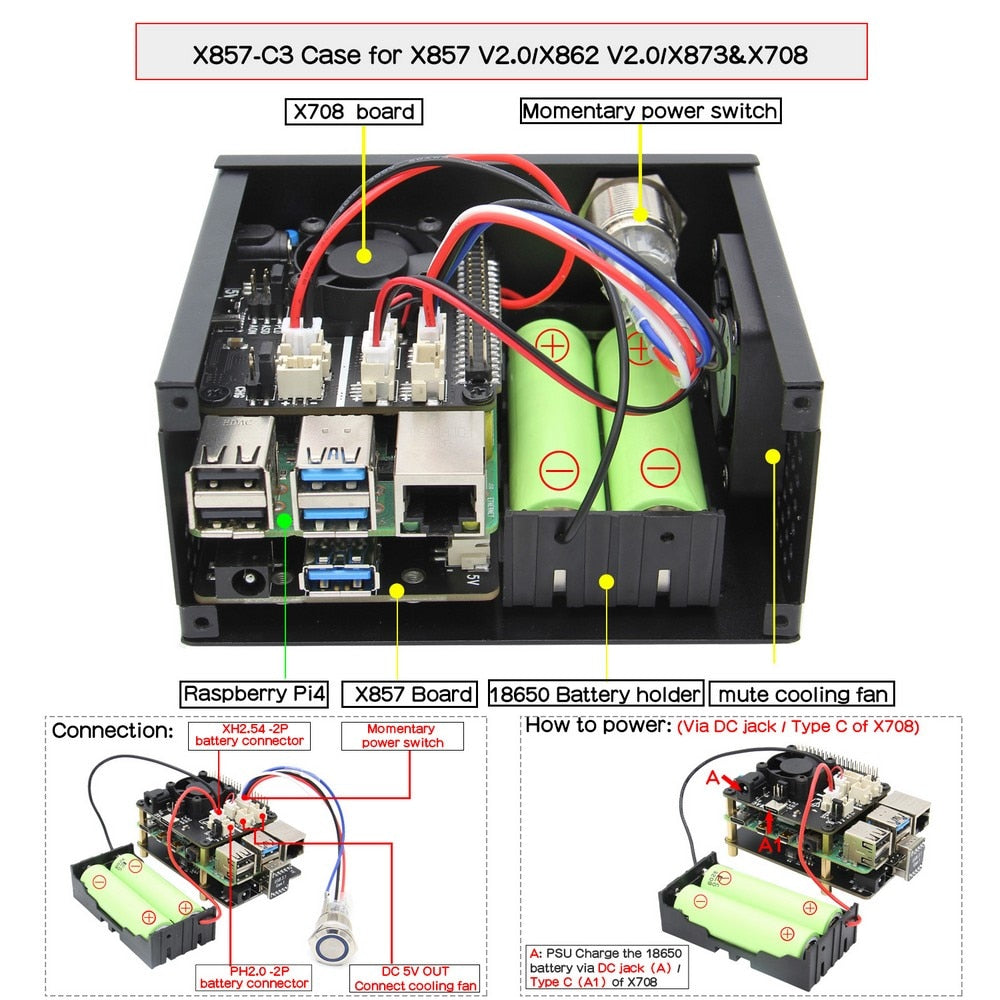 Raspberry Pi 4 Model B mSATA SSD Storage Expansion Board, X857 V2.0 Shield + X708 UPS HAT & Power Management Board customize