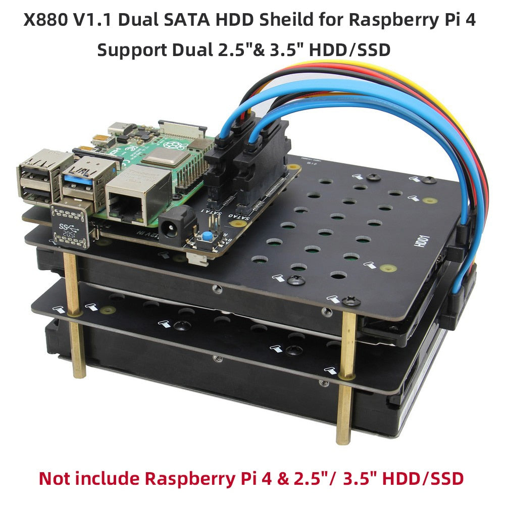 Raspberry Pi 4 model B X880 V1.1 Dual SATA Gen3 HDD Shield, 2.5"/ 3.5"SATA HDD/SSD Storage Expansion Board for Raspberry Pi4B customize