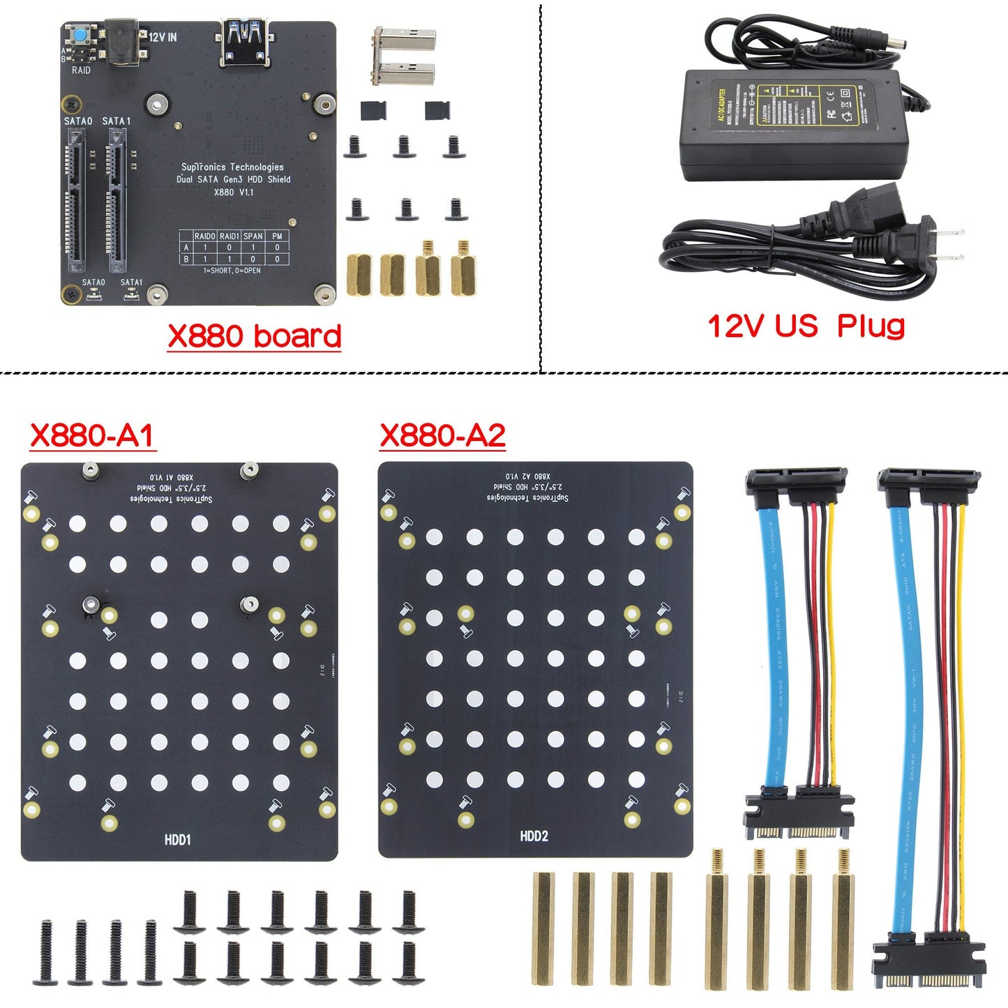 Raspberry Pi 4 model B X880 V1.1 Dual SATA Gen3 HDD Shield, 2.5"/ 3.5"SATA HDD/SSD Storage Expansion Board for Raspberry Pi4B customize