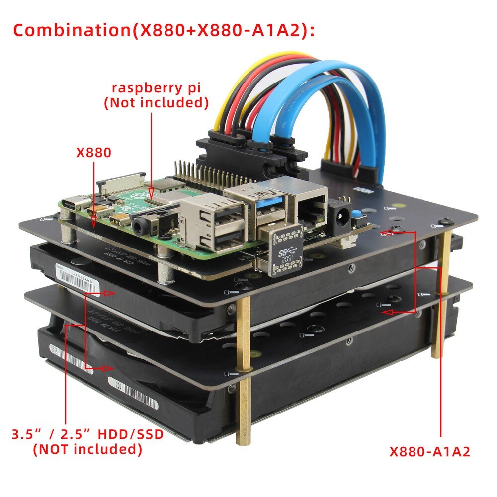 Raspberry Pi 4 model B X880 V1.1 Dual SATA Gen3 HDD Shield, 2.5"/ 3.5"SATA HDD/SSD Storage Expansion Board for Raspberry Pi4B customize