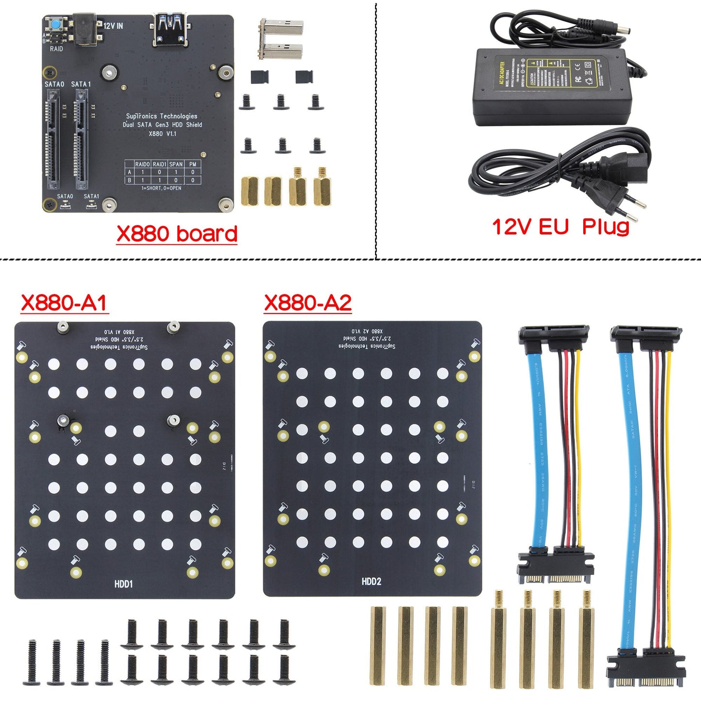 Raspberry Pi 4 model B X880 V1.1 Dual SATA Gen3 HDD Shield, 2.5"/ 3.5"SATA HDD/SSD Storage Expansion Board for Raspberry Pi4B customize