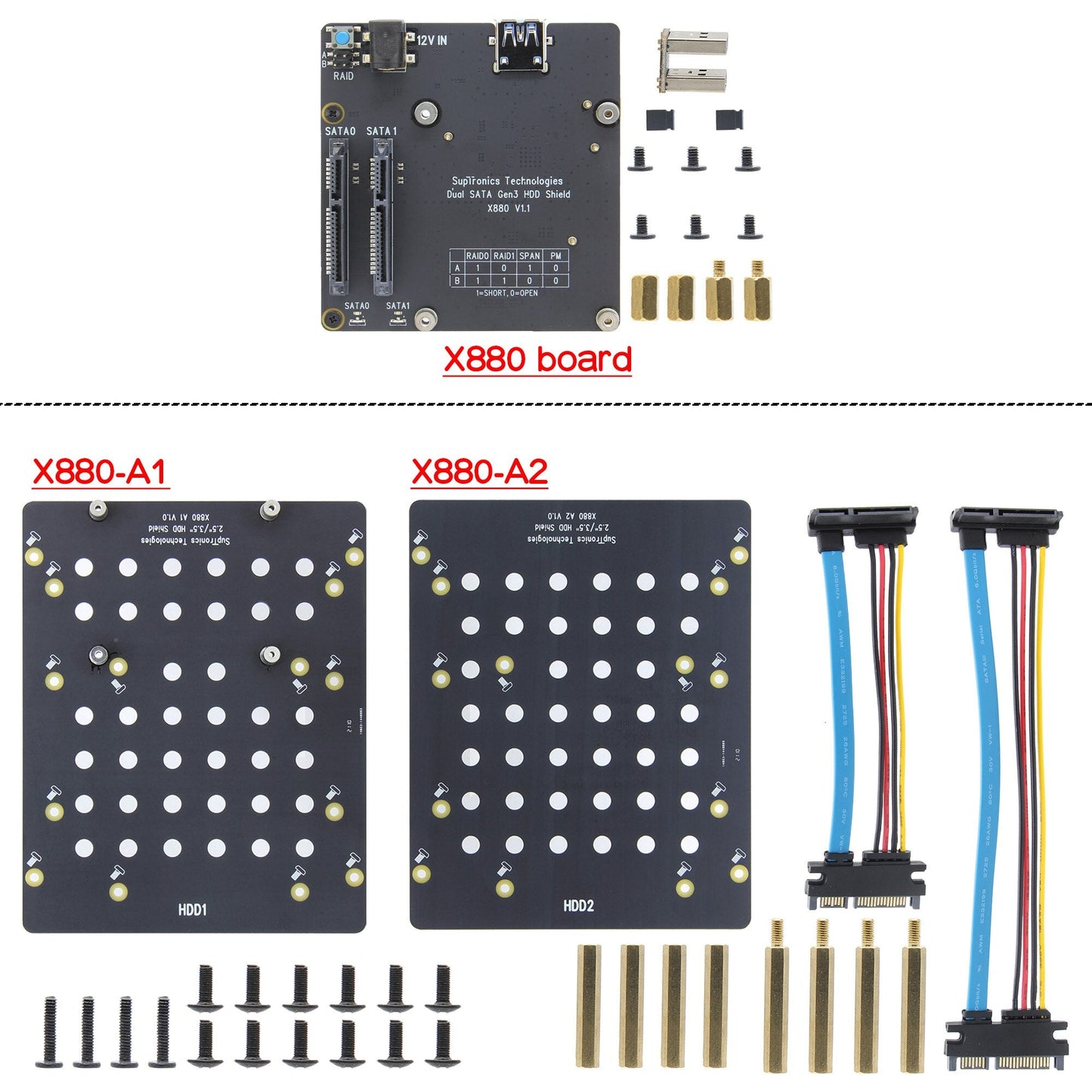 Raspberry Pi 4 model B X880 V1.1 Dual SATA Gen3 HDD Shield, 2.5"/ 3.5"SATA HDD/SSD Storage Expansion Board for Raspberry Pi4B customize