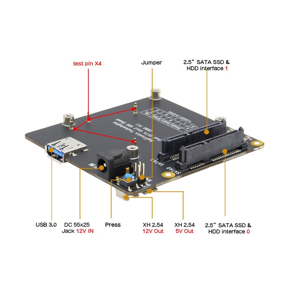 Raspberry Pi 4 model B X880 V1.1 Dual SATA Gen3 HDD Shield, 2.5"/ 3.5"SATA HDD/SSD Storage Expansion Board for Raspberry Pi4B customize