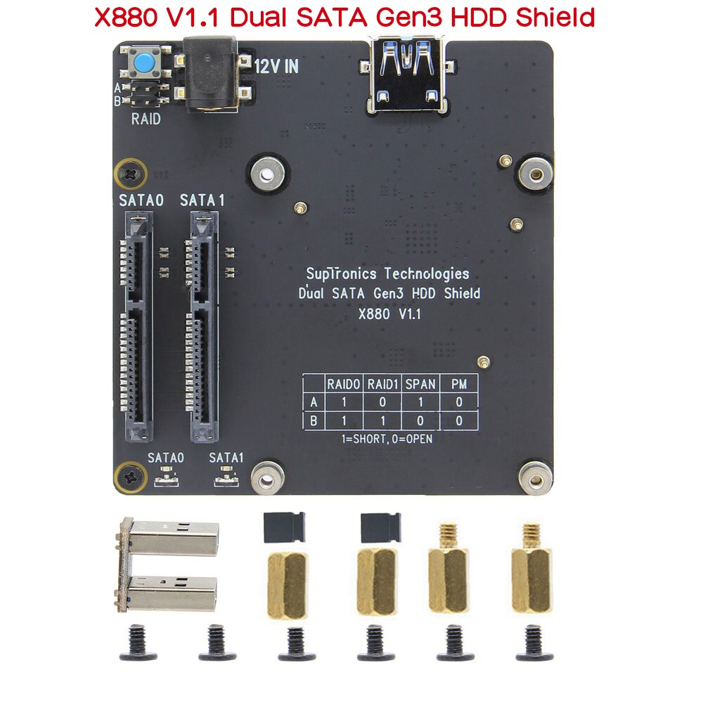 Raspberry Pi 4 model B X880 V1.1 Dual SATA Gen3 HDD Shield, 2.5"/ 3.5"SATA HDD/SSD Storage Expansion Board for Raspberry Pi4B customize