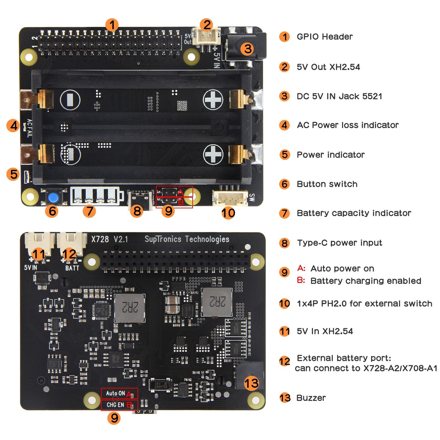 Raspberry Pi 4B/3B+/3B X728 V2.1 UPS HAT& Power Management Board with AC Power Loss Detection, Auto On & Safe Shutdown Function customize