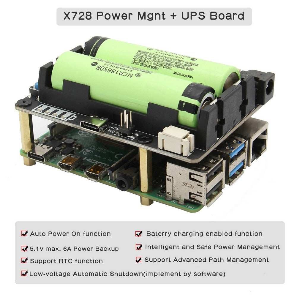 Raspberry Pi 4B/3B+/3B X728 V2.1 UPS HAT& Power Management Board with AC Power Loss Detection, Auto On & Safe Shutdown Function customize