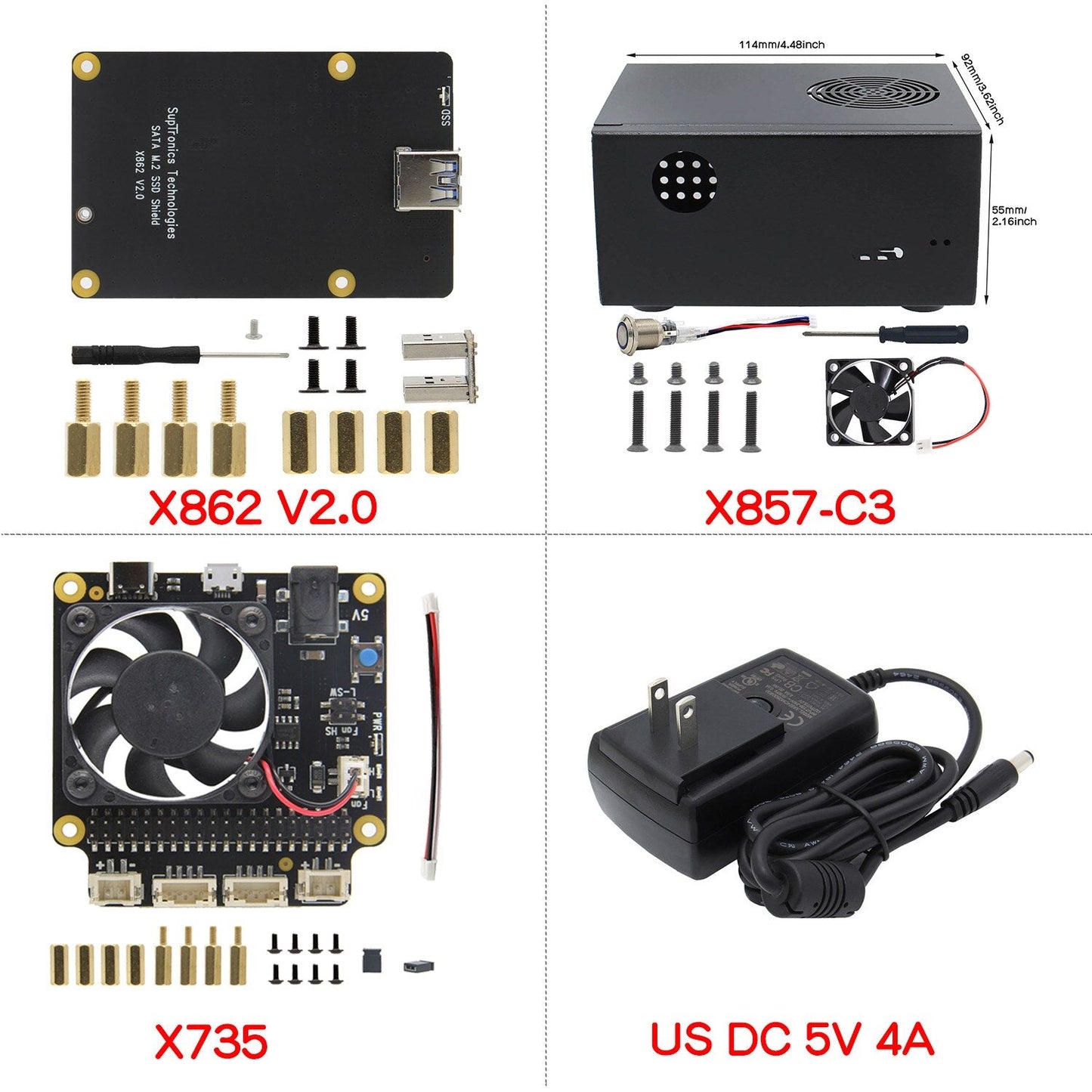 Raspberry Pi 4B X862 V2.0 M.2 NGFF 2280 SATA SSD Board +X735 Power Management Board+Metal Case + Type-C Power Supply customize