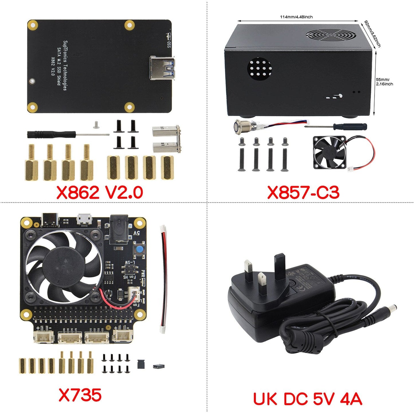 Raspberry Pi 4B X862 V2.0 M.2 NGFF 2280 SATA SSD Board +X735 Power Management Board+Metal Case + Type-C Power Supply customize