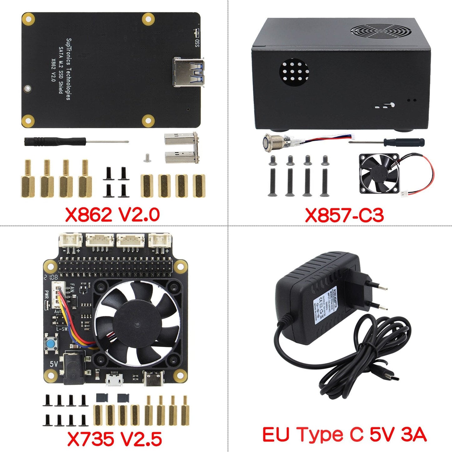 Raspberry Pi 4B X862 V2.0 M.2 NGFF 2280 SATA SSD Board +X735 Power Management Board+Metal Case + Type-C Power Supply customize