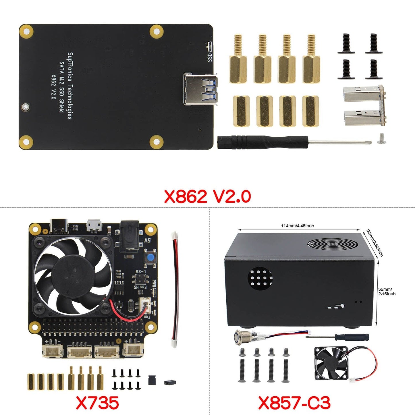 Raspberry Pi 4B X862 V2.0 M.2 NGFF 2280 SATA SSD Board +X735 Power Management Board+Metal Case + Type-C Power Supply customize