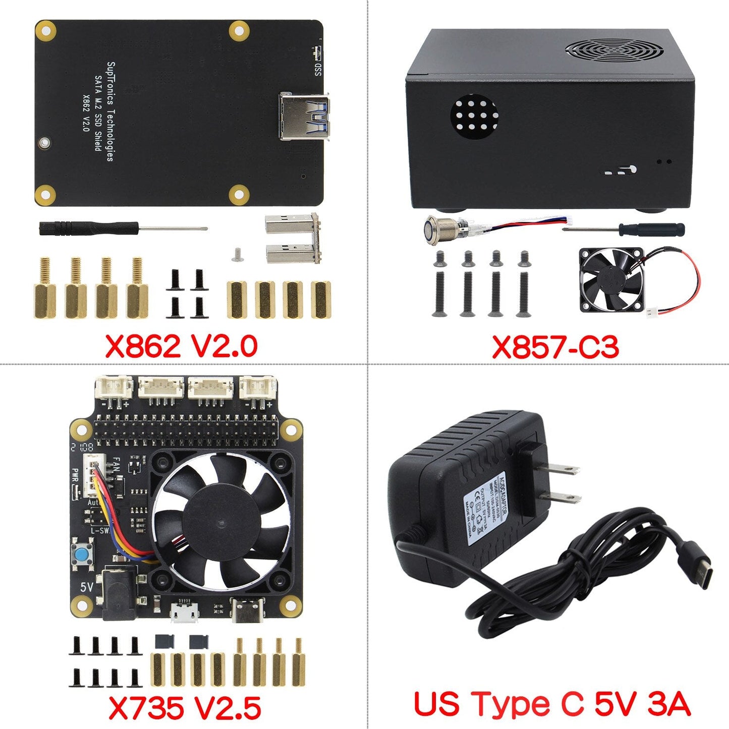 Raspberry Pi 4B X862 V2.0 M.2 NGFF 2280 SATA SSD Board +X735 Power Management Board+Metal Case + Type-C Power Supply customize