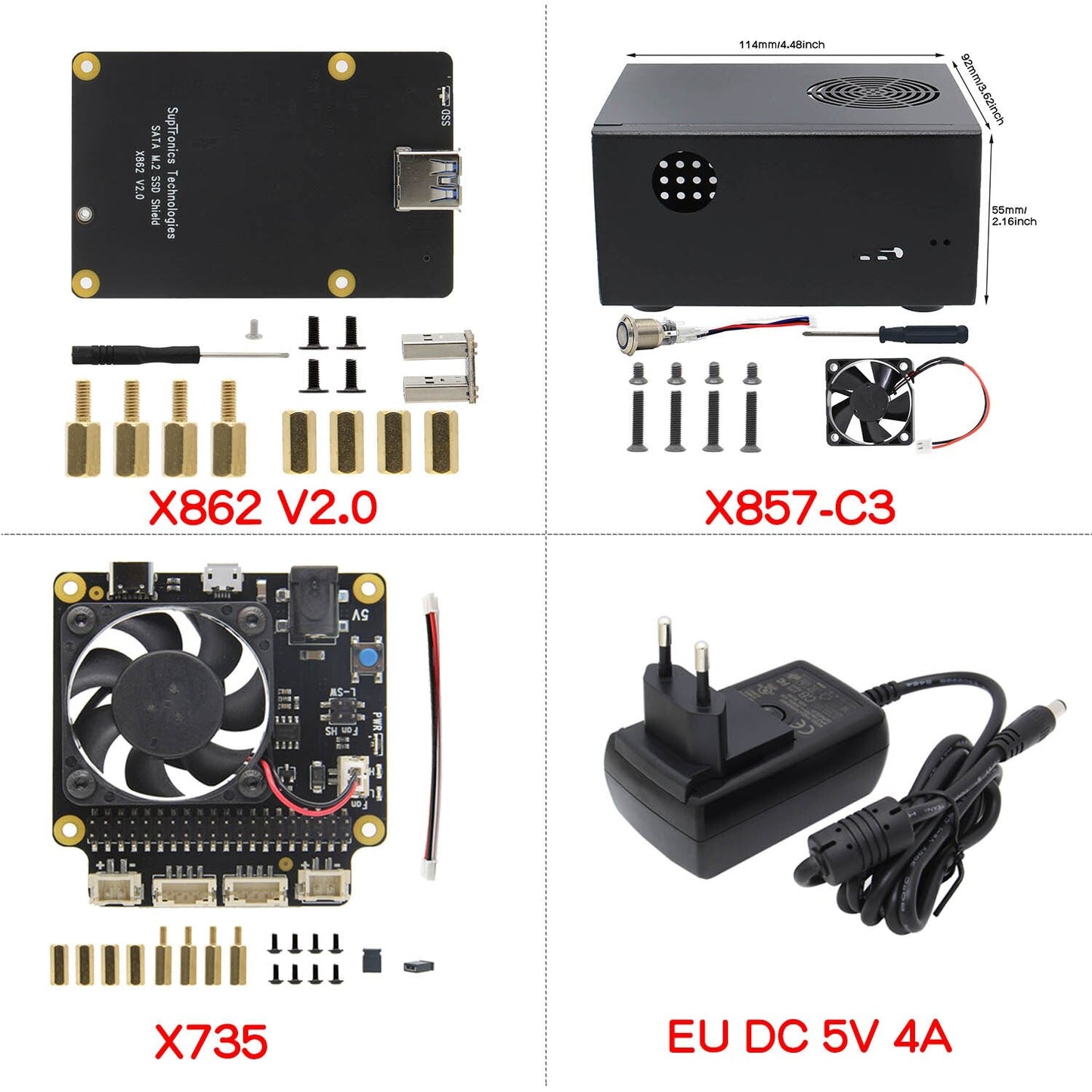 Raspberry Pi 4B X862 V2.0 M.2 NGFF 2280 SATA SSD Board +X735 Power Management Board+Metal Case + Type-C Power Supply customize